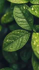 Raindrops rest on glossy green leaves in sharp close focus