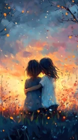 Two children in meadow observing illuminated evening sky.