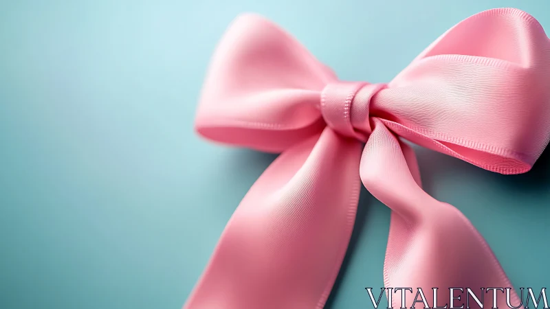 Pink ribbon bow with trailing edges against turquoise background.
