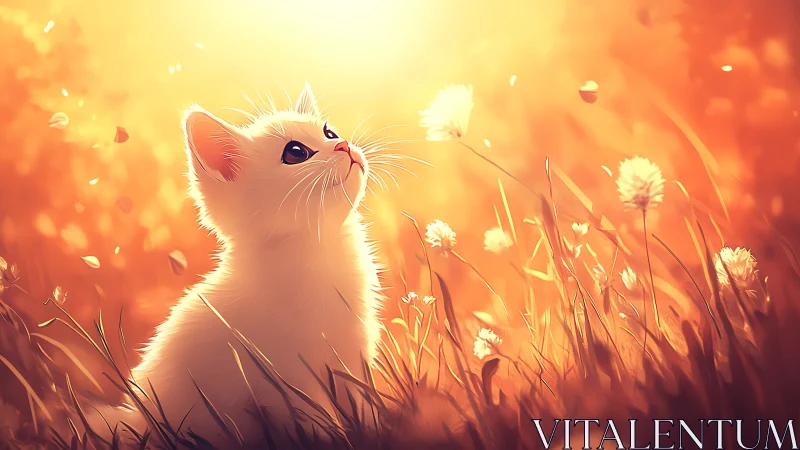 White kitten sits in tall grass under strong golden light