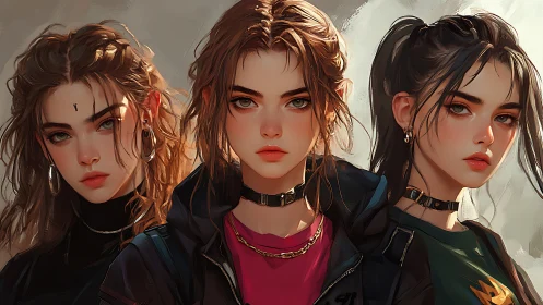 Three stylized young women stand in a tight frontal portrait