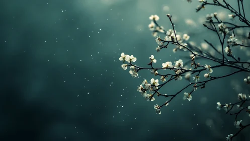 Delicate White Blossoms in Misty Teal Rain.