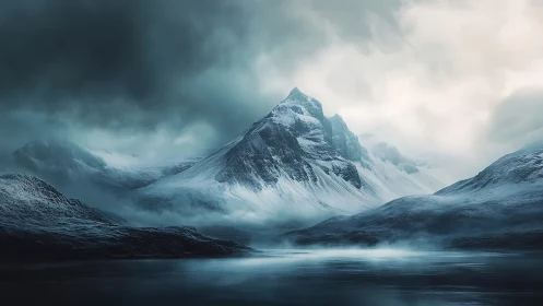 Snow covered mountain peaks rise over cold misty water