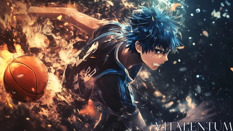 Blazing blue‑haired baller charging through molten stardust.