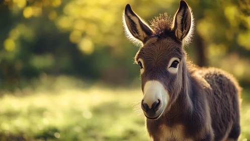 Backlit juvenile donkey in shallow-depth pasture portrait.