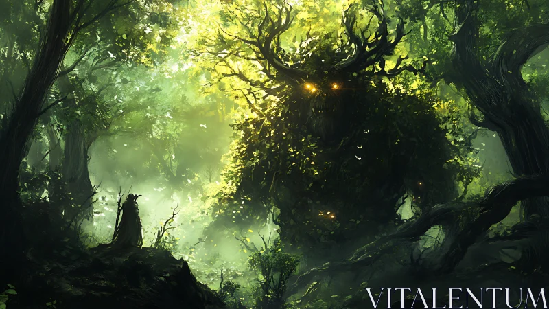 Forest guardian titan emerges in luminous verdant mist.