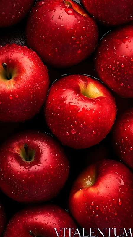 Glossy red apples rest in dark water with dense droplets