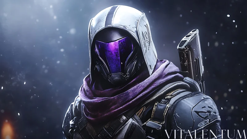Armored sci fi hunter in violet visor under particle lit void