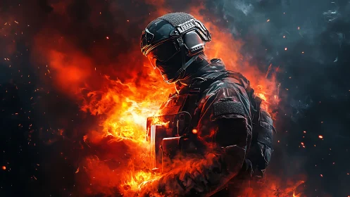 Tactical soldier engulfed in cinematic volumetric flames.