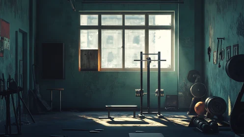 Sunlit weightlifting room with free weights and bench press.