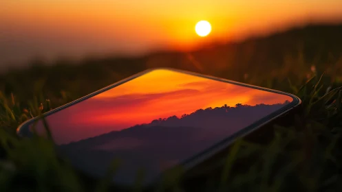 Smartphone screen reflecting vivid orange sunset sky.