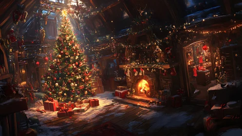 Grand Christmas tree glows beside rustic hearth fire.