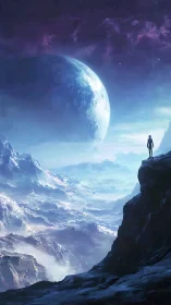 Lone figure overlooking icy alien world and planet
