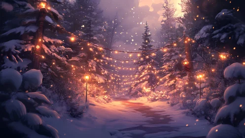 Winter forest path with festive string lights, digital painting.