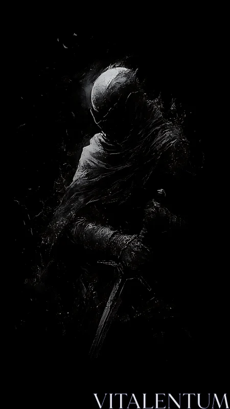 Armored figure with sword emerging from dark background.