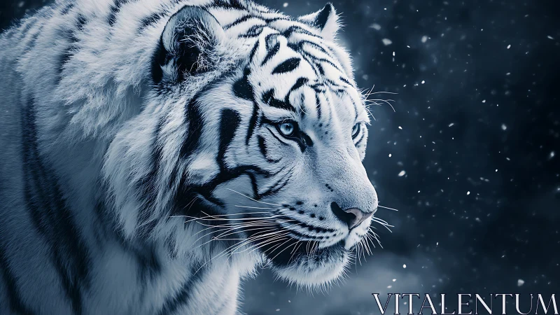 White tiger side profile in snowy low light environment.