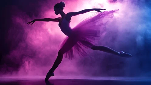 Silhouetted ballet dancer in grand jeté with neon rim lighting