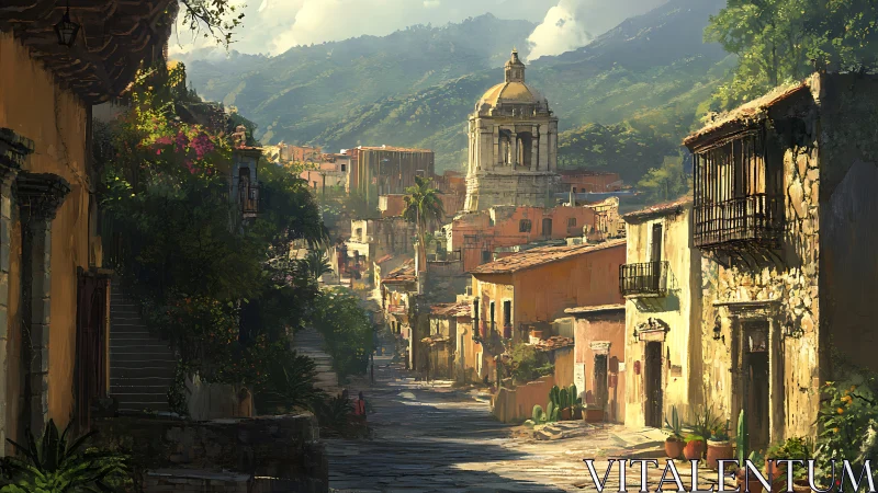 Sunlit colonial hillside street with domed cathedral and layered depth
