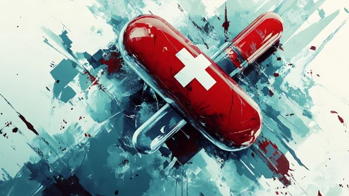 Red medical capsule shatters through icy abstract background