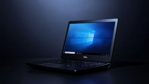 Obliquely lit Dell notebook running Windows 10 desktop environment.