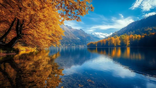 Golden autumn trees mirror on crystal alpine lake surface