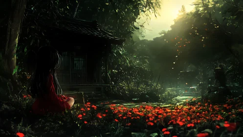 Solitary girl before forest shrine at glowing dawn path.