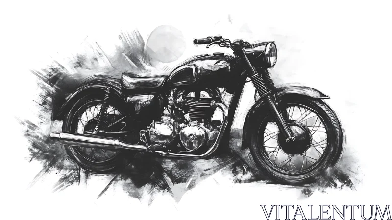Monochrome vintage motorcycle render with dynamic inked contours