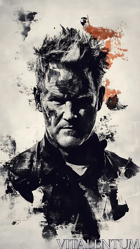 Brooding monochrome portrait with abstract paint eruptions.