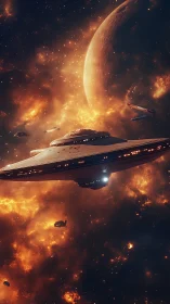 Star-cruiser drifts through ember-lit nebula near titan