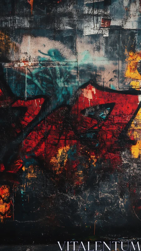 Urban graffiti wall with bold red teal abstractions.