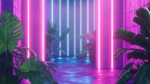 Neon tropical corridor renders biophilic cyber-lounge ambience