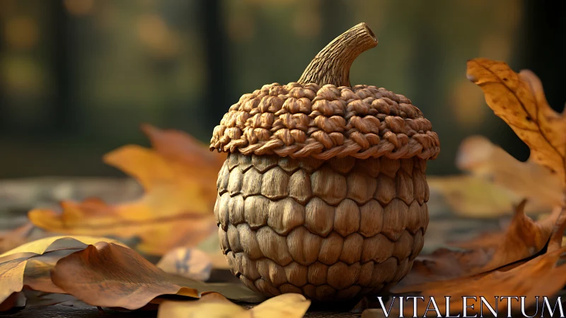 Detailed acorn close up on autumn leaves outdoors background.