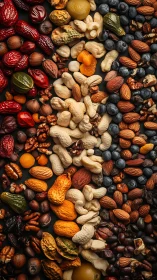 Mixed nuts and dried fruits are arranged in vertical bands