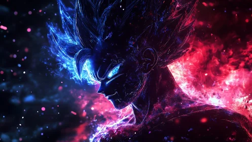 High-energy anime warrior rendered in dual-color plasma lighting