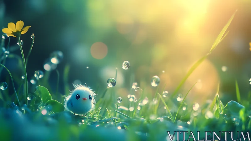 Small blue bird character in dewy grass under morning light.