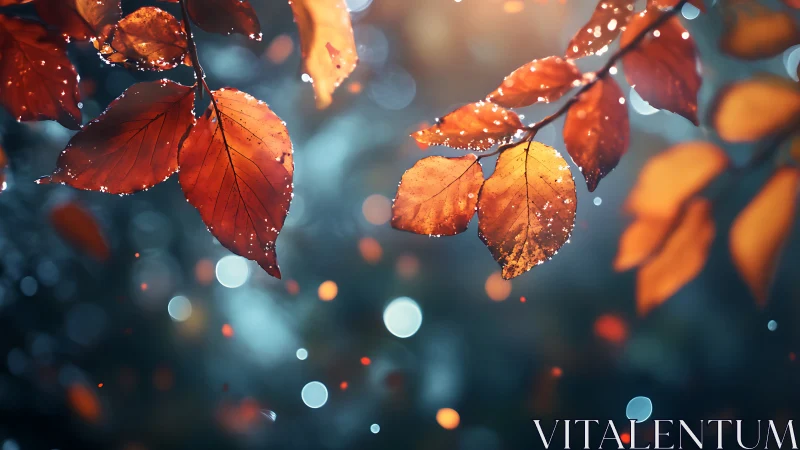 Macro autumn leaves with raindrops and bokeh highlights