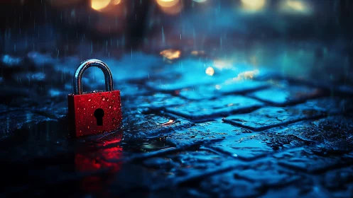 Red padlock glows on wet cobblestones in neon rain.
