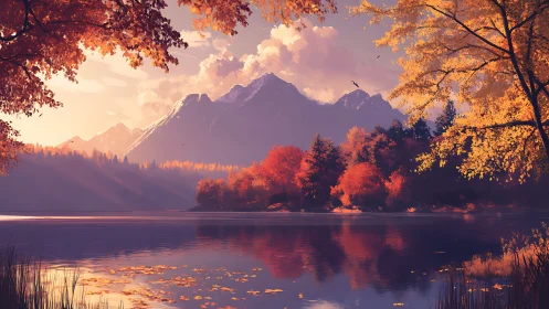 Golden autumn lake beneath peaceful mountain glow.
