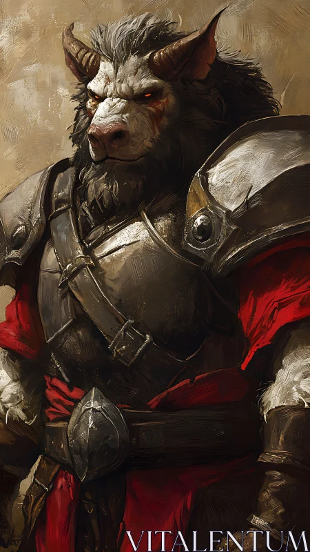 Armored minotaur warrior in red cloak stands ready.