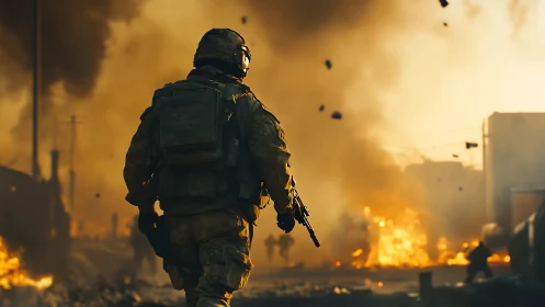 Disoriented infantry operator amid urban detonation plume.