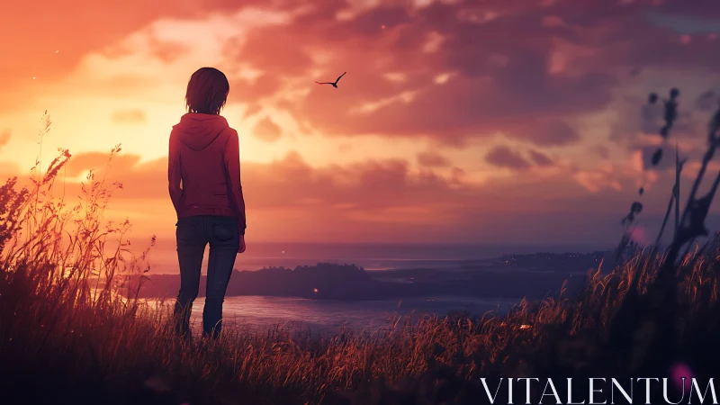 Solitary dreamer greeting a flame kissed ocean sunset sky.