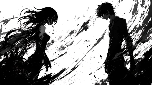 Silhouetted lovers stand divided by violent ink storm.