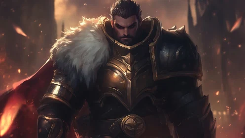 Armored warrior stands in heavy plate within ember-filled scene