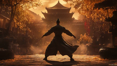 Martial artist before autumn temple in cinematic backlight.