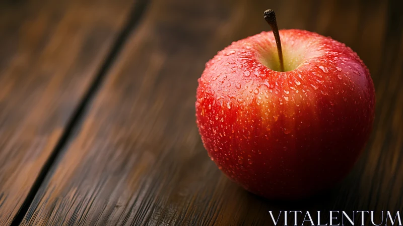 Red apple with dewdrops on rustic wooden tabletop surface.