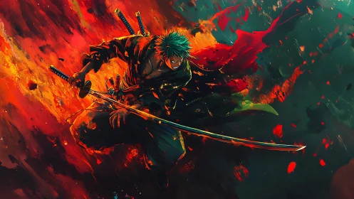 Sword wielding fighter in midair amid abstract flames.
