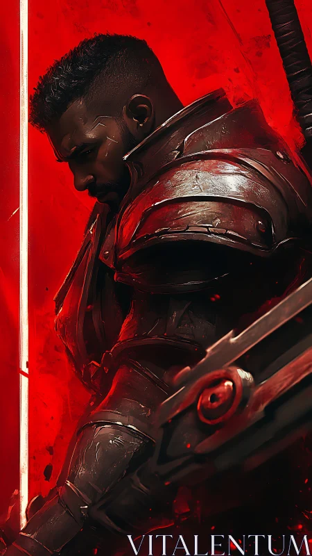 Armored warrior profile with sword in red illuminated field.