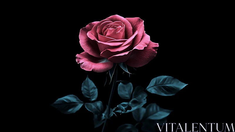 Pink rose on dark background with blue foliage
