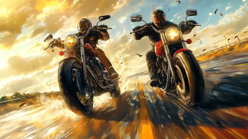 Two motorcyclists ride at speed on wet open highway.