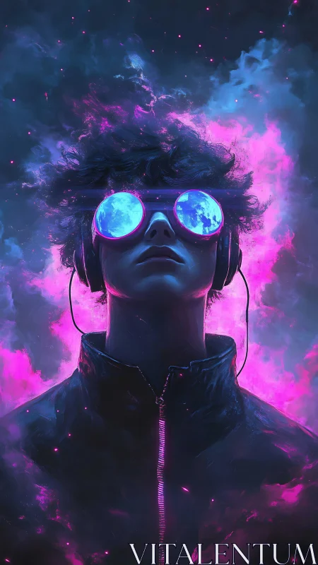 Neon-lit cyber dreamer gazes skyward in glowing cosmos haze